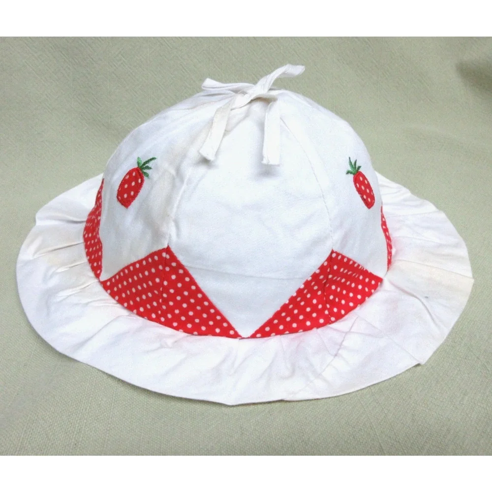 6-12 mo Vintage Strawberry Bucket Sun Hat w/ Pleated Rim & Bow